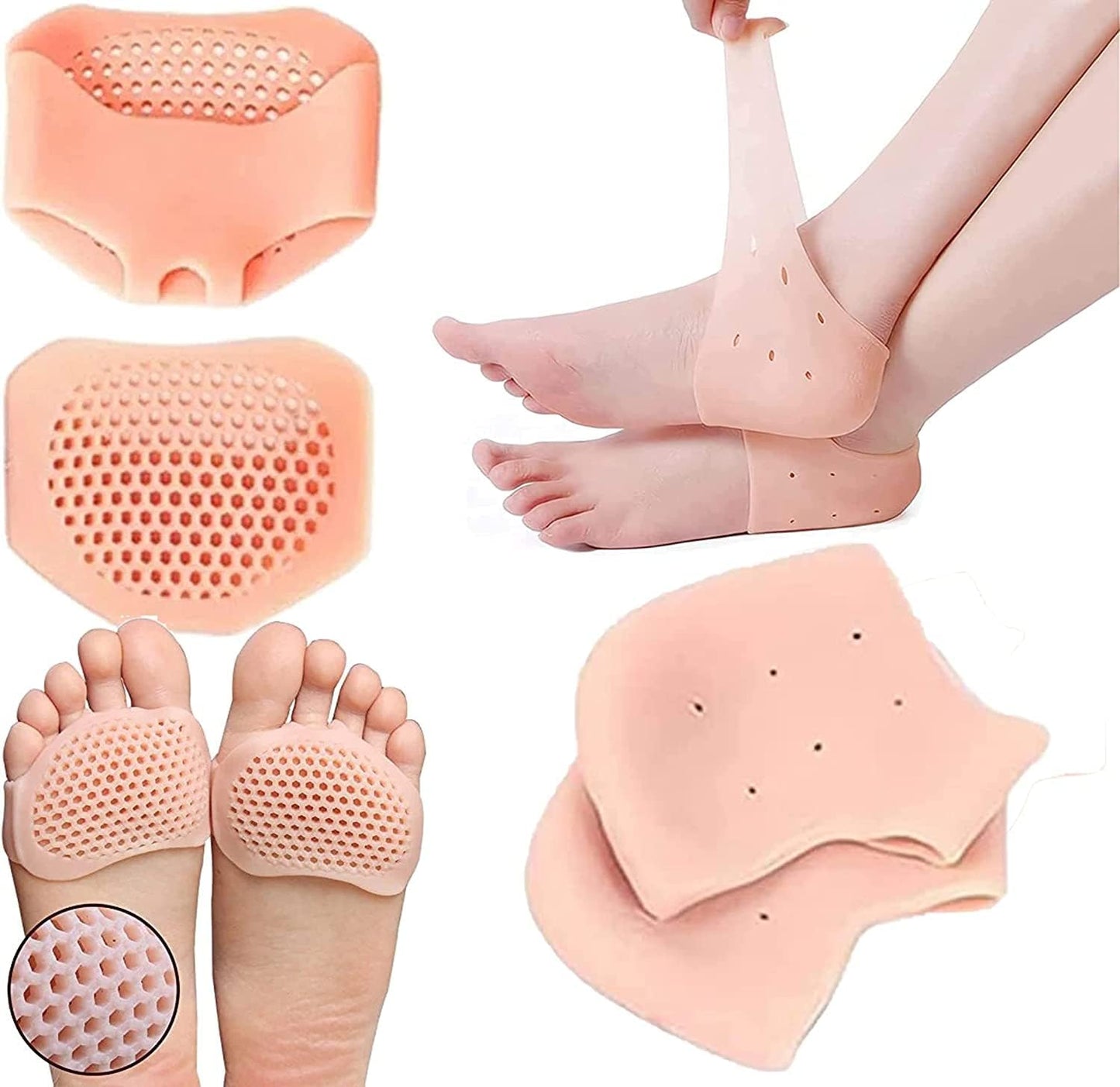 2 Pairs (4 Pieces) Anti Crack Silicone Heel Pads & Honeycomb Forefoot Socks